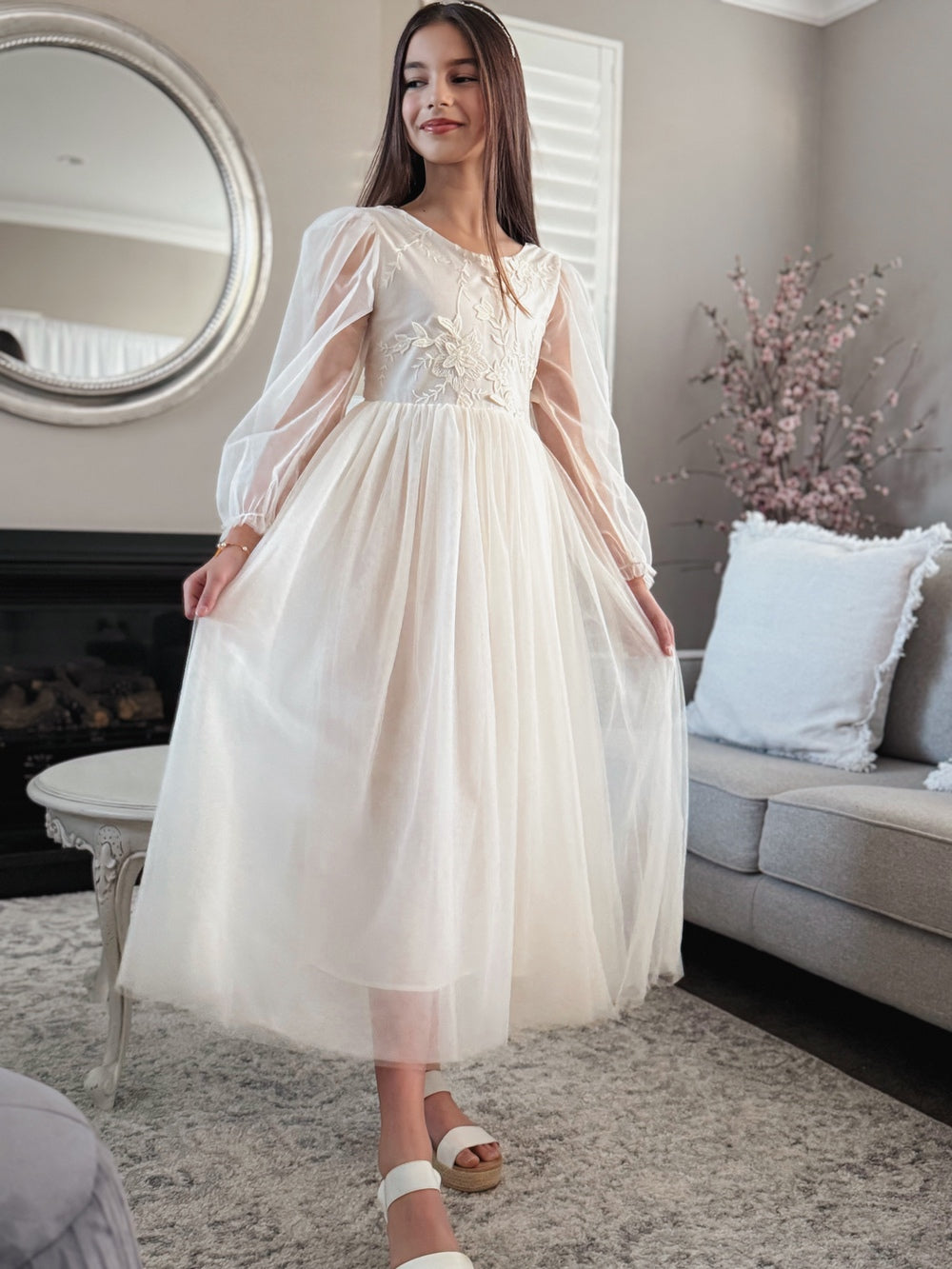 Alyssa Girls Ivory Long Sleeve Dress - Full Length