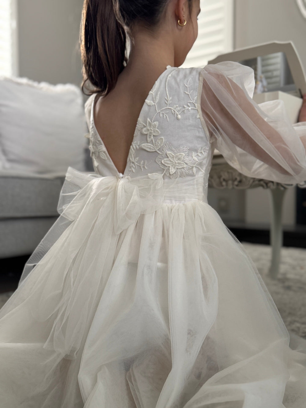 Alyssa Girls Ivory Long Sleeve Dress - Full Length