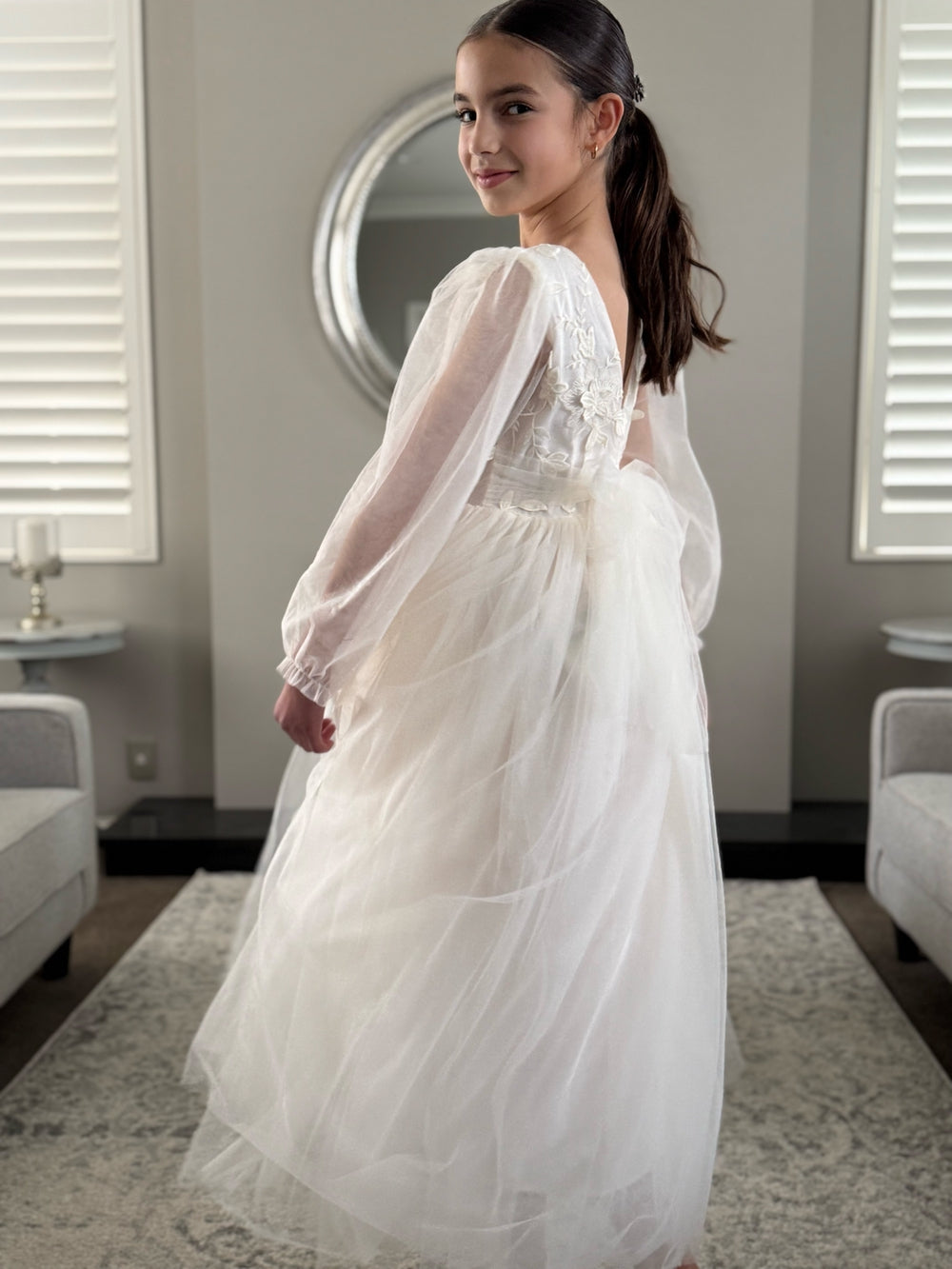 Alyssa Girls Ivory Long Sleeve Dress - Full Length