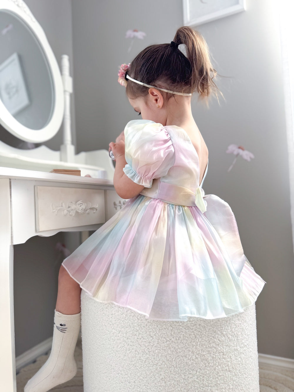 Back view of girls birthday dress – shimmery organza in rainbow colours