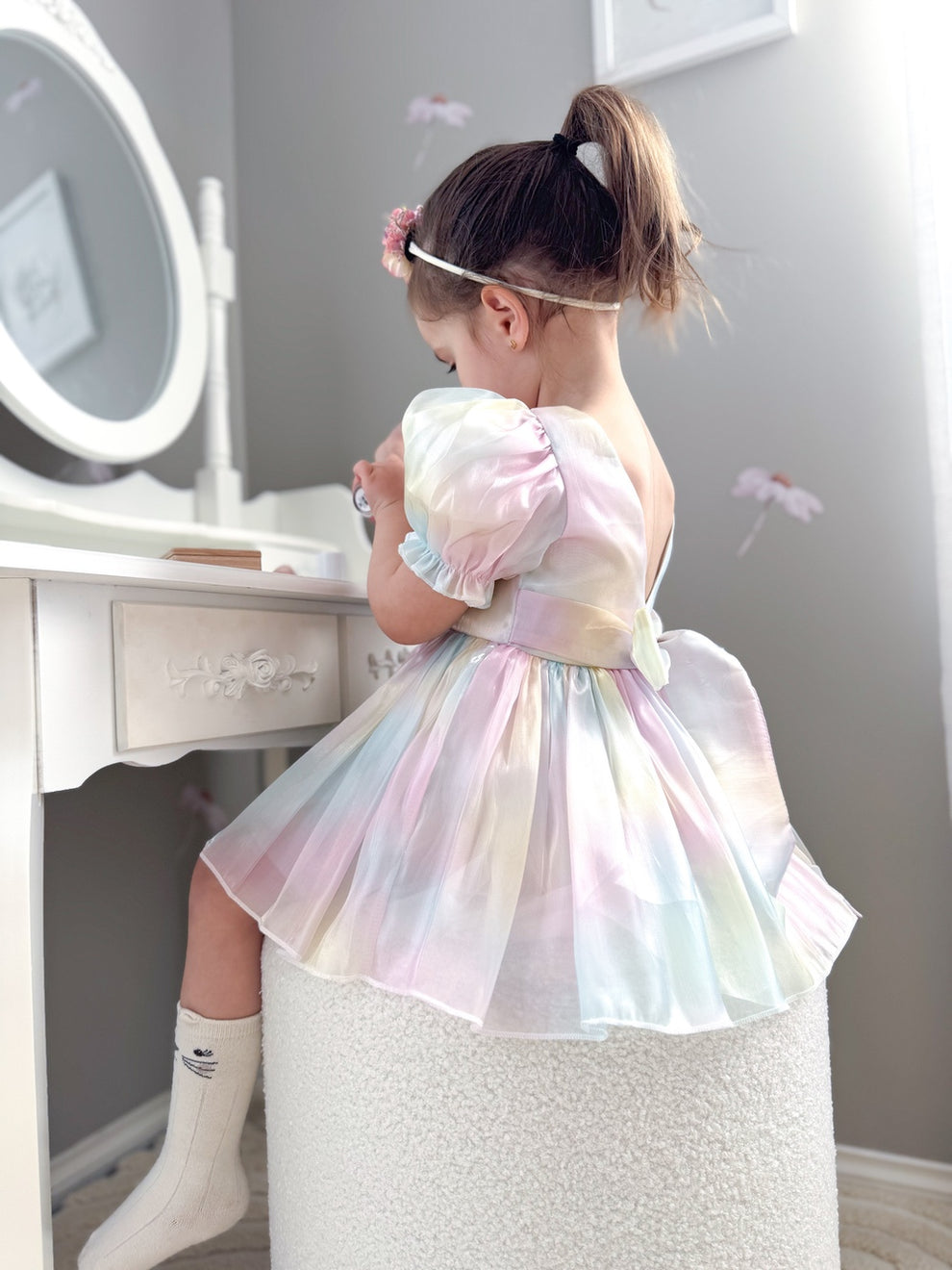 Back view of girls birthday dress – shimmery organza in rainbow colours