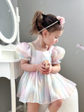 Front view of Anastasia Rainbow Dress – puff sleeves and sweetheart neckline
