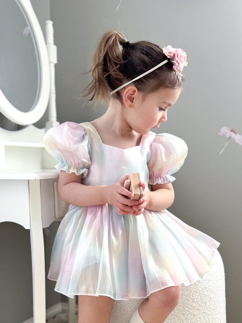 Front view of Anastasia Rainbow Dress – puff sleeves and sweetheart neckline