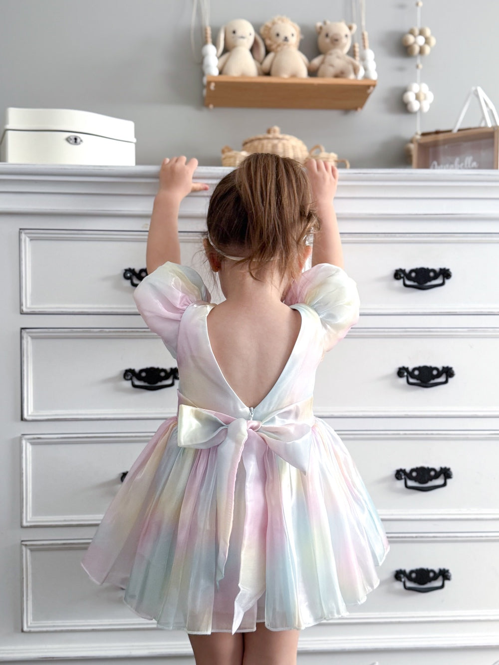 Close-up of Anastasia Rainbow Dress fabric – iridescent organza with pastel hues