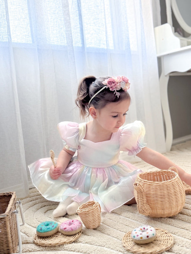 Anastasia Girls Rainbow Organza Dress - Girls Pink DressesDetail of puff sleeves and sweetheart neckline – Anastasia Rainbow Party Dress