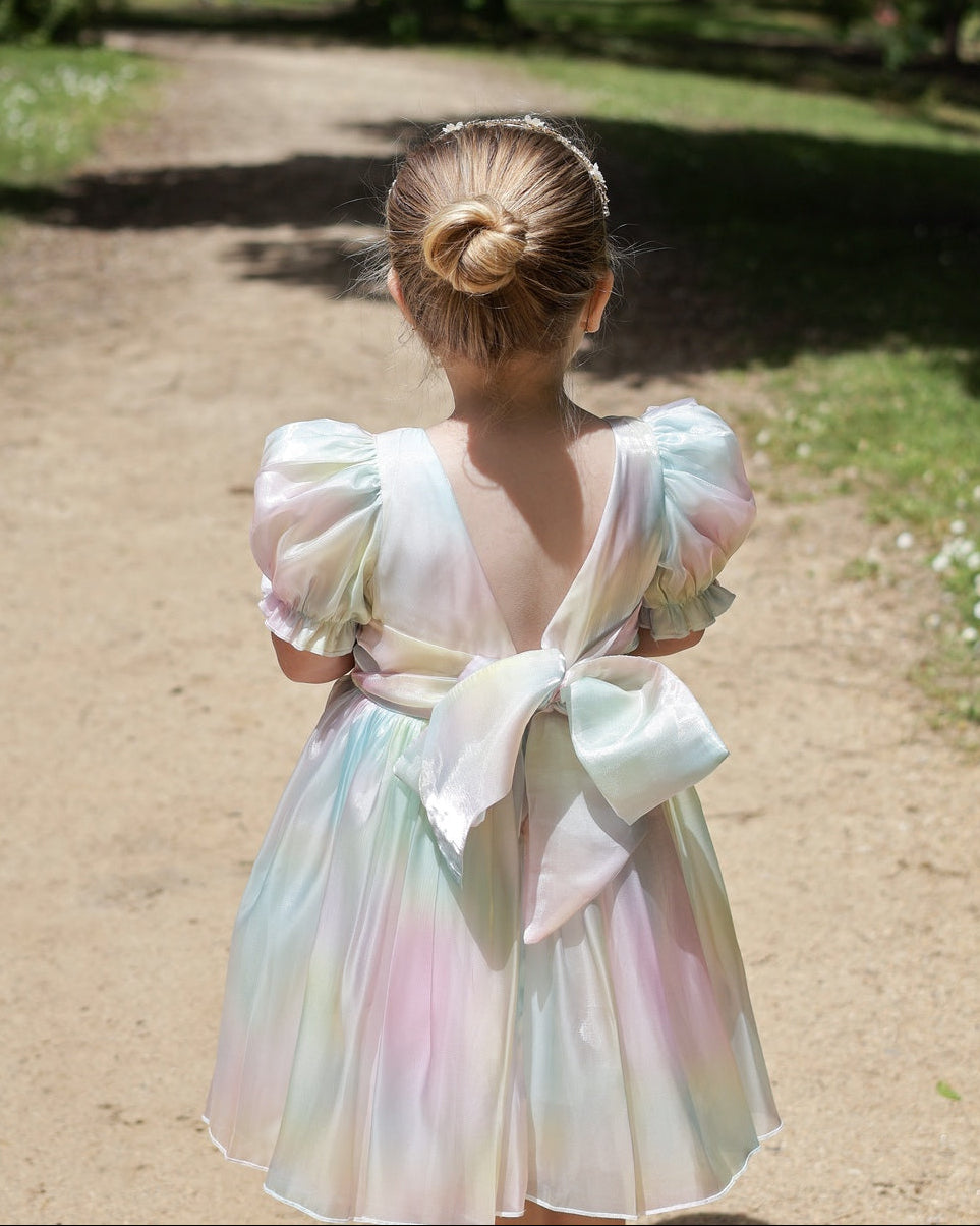 Girls rainbow party dress with large bow
