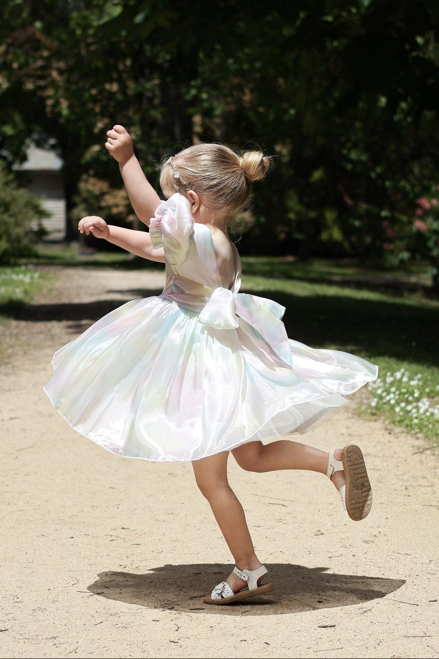 Girls twirly party dress - rainbow organza
