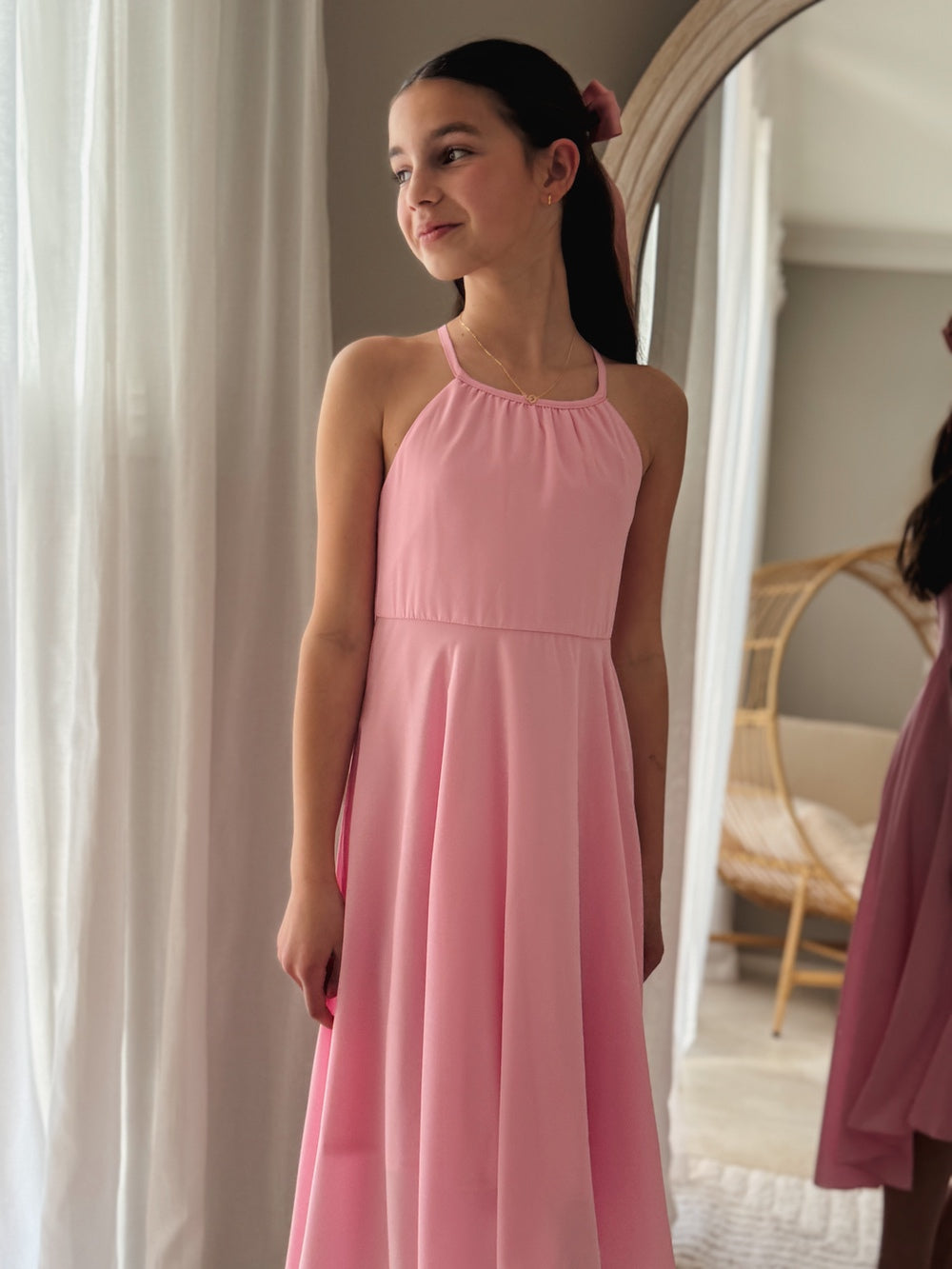 Anna Girls Hi Low Dress - Pink - Not on saleTween girl in pink hi low chiffon dress with adjustable straps