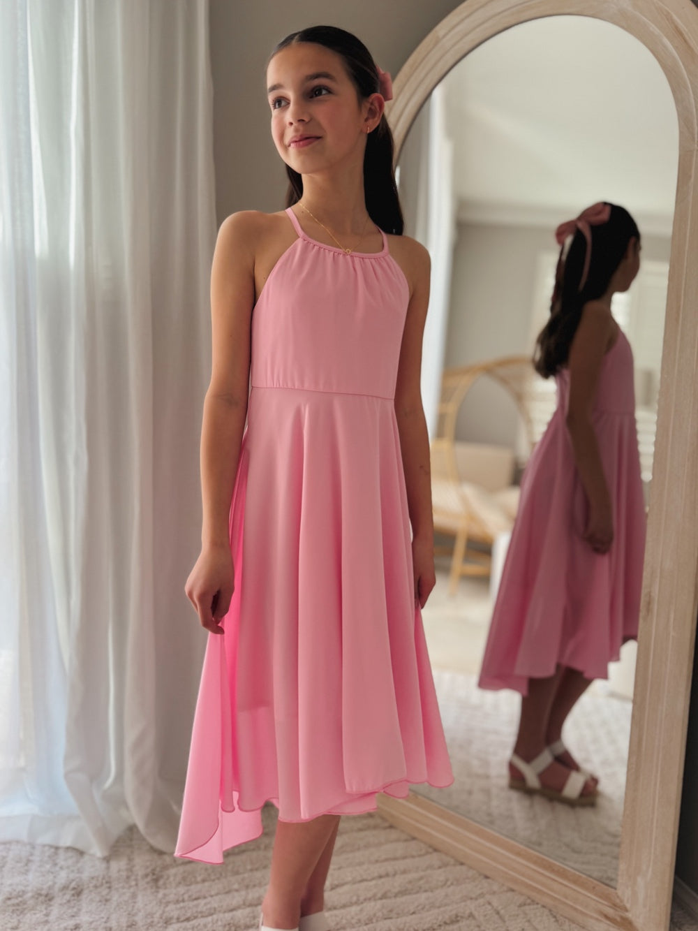 Anna Girls Hi Low Dress - Pink - Not on saleAnna pink dress featuring soft layers and flowing hi low hem