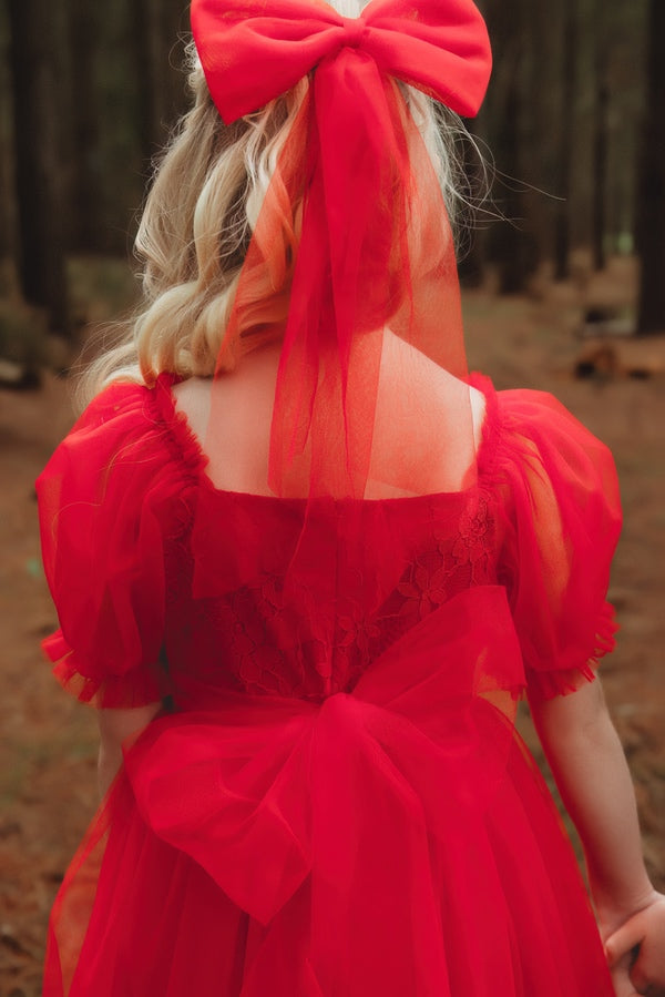 cute little girls red Christmas dress with matching tulle bow