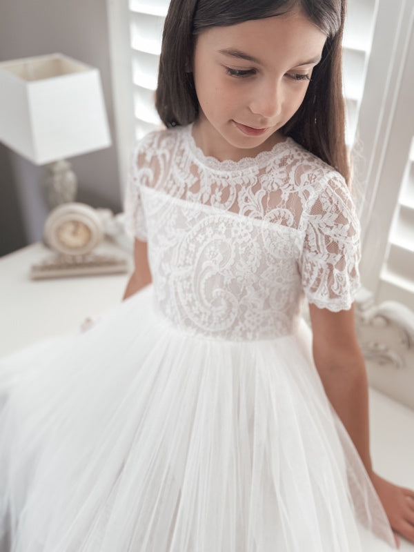Annalise Girls White Short Sleeve Dress A Little Lacey Annalise Girls White Short Sleeve Dress A Little Lacey