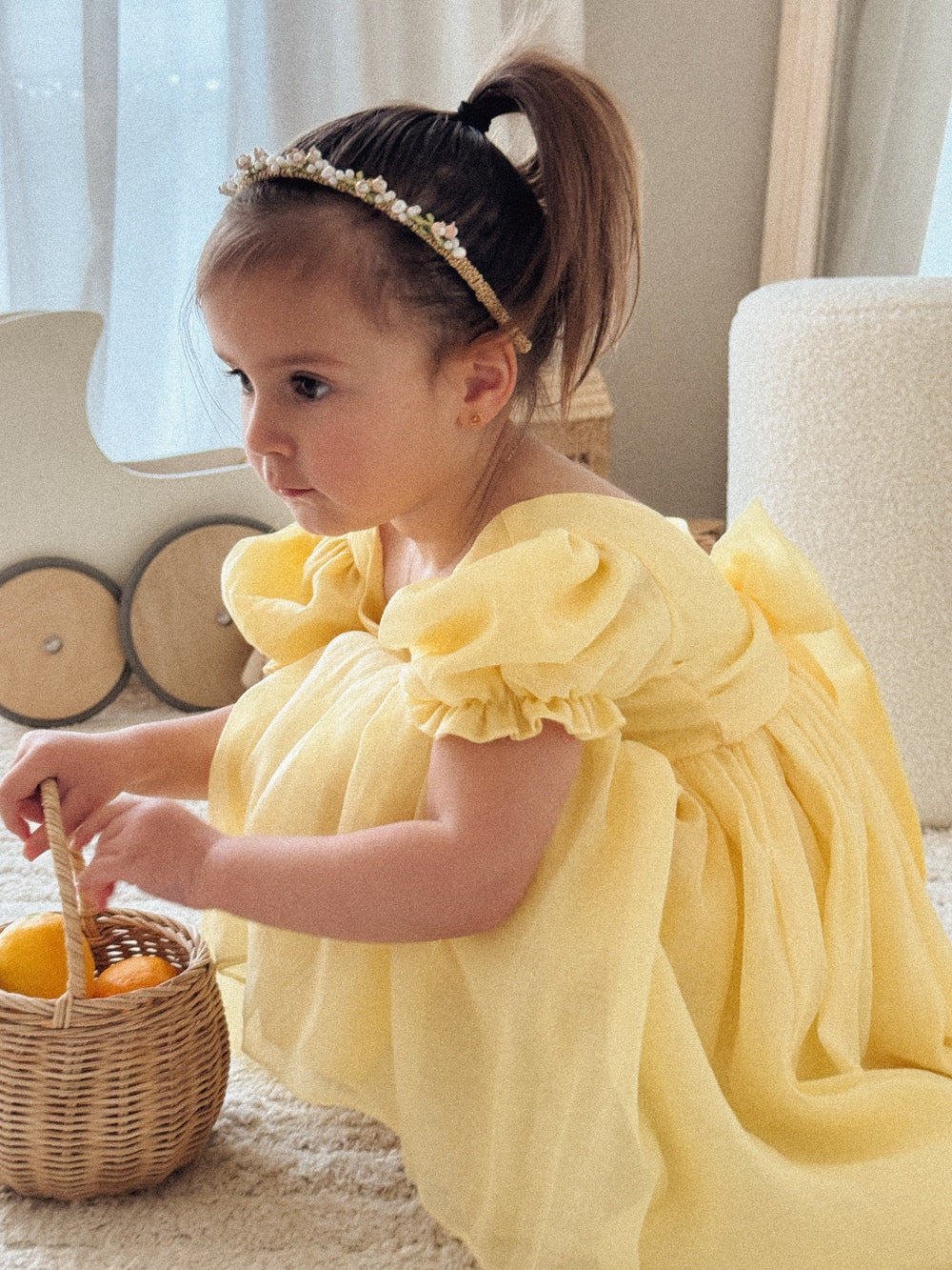 Arabella Yellow Girls Dress with puff sleeves and bow, perfect for birthdays and weddings