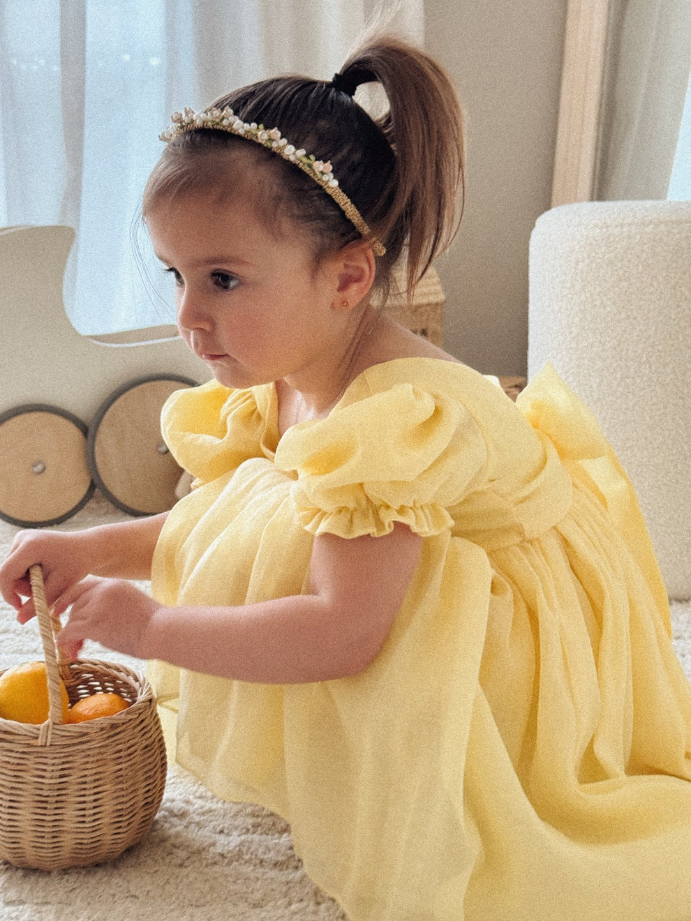 Arabella Yellow Girls Dress with puff sleeves and bow, perfect for birthdays and weddings