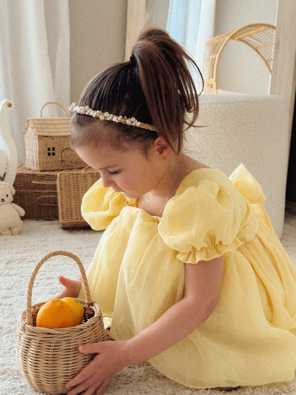 Special occasion girls yellow dress with puff sleeves and cotton lining