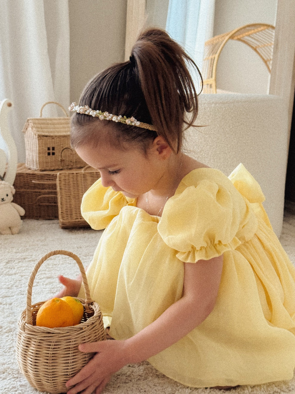 Special occasion girls yellow dress with puff sleeves and cotton lining