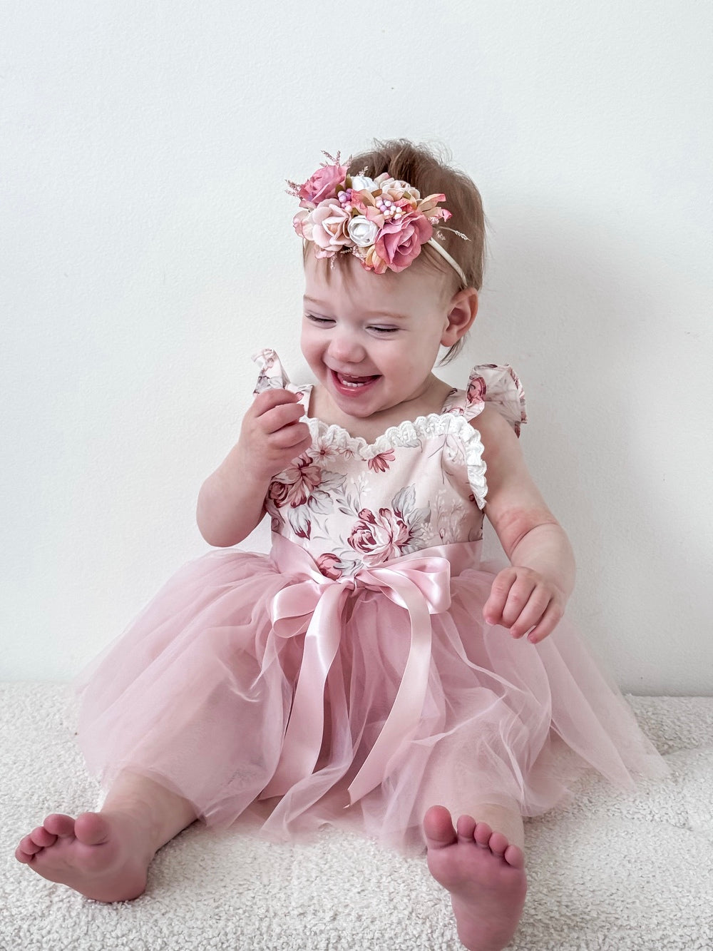 Aria Tulle Baby Romper - Nectar - Baby RompersBaby girl wearing nectar floral romper with dusty pink tulle skirt