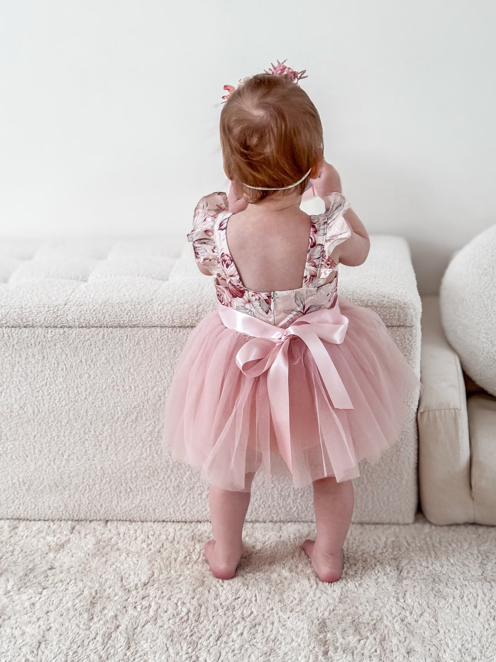 Nectar pink floral baby romper with soft tulle skirt and satin bow