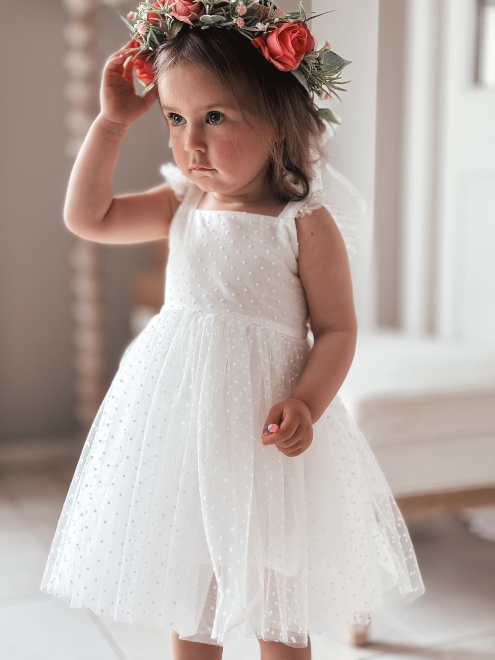 Aspen White Flower Girl Dress - New ArrivalsAspen dotty white flower girls dress with flower crown