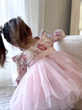Close-up of Audrey Rose Nectar Dress floral bodice with dusty pink flowers