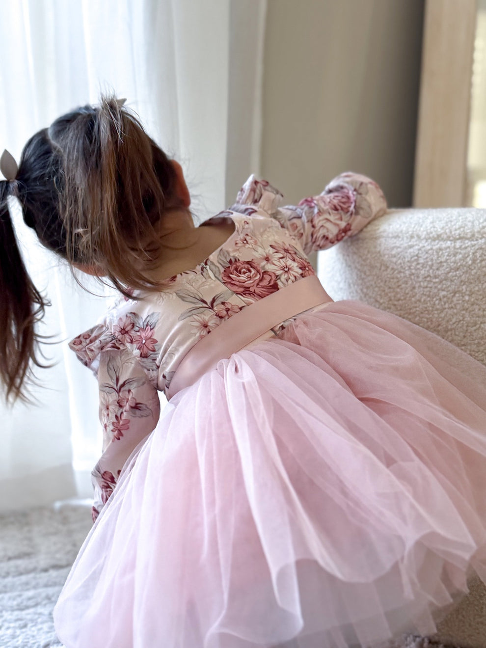 Close-up of Audrey Rose Nectar Dress floral bodice with dusty pink flowers