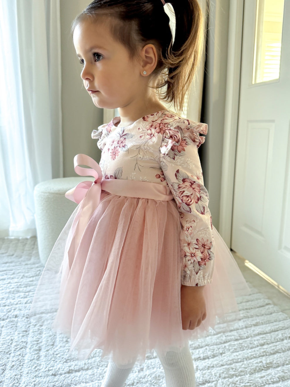Audrey Rose Girls Long Sleeve Dress – Nectar Edition with pink floral bodice and tulle skirt