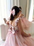Close-up of dark pink floral print on nectar pink bodice of Audrey Rose Dress