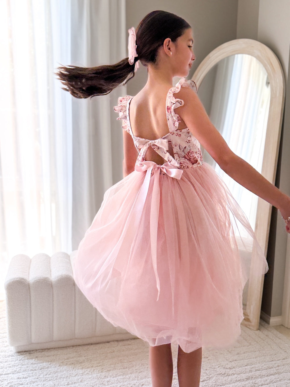 Audrey Rose Girls Tulle Dress - Nectar - Not on saleTween girl twirling in dusty pink tulle party dress for wedding or birthday