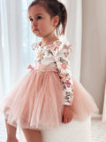 Girl wearing Audrey Rose Dusty Pink Long Sleeve Dress with floral bodice and tulle skirt