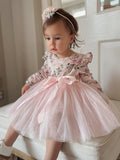 Toddler wearing Audrey Rose girls long sleeved party dress with ruffle shoulders and floral tulle skirt