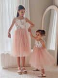 Audrey Rose Girls Dusty Pink Tulle Dress with white floral bodice and pink skirt