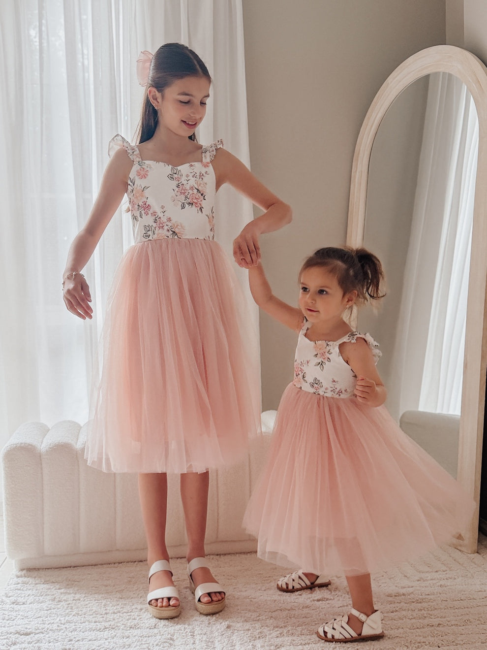 Audrey Rose Girls Dusty Pink Tulle Dress with white floral bodice and pink skirt