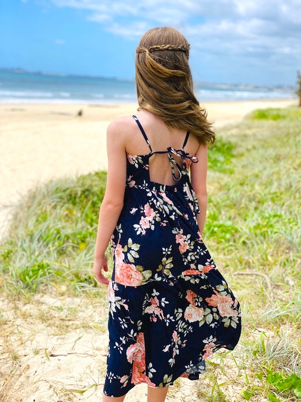 Ava Girls Floral Maxi Dress Navy Blue - All Products