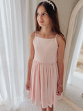 Pink tween party dress with gathered skirt