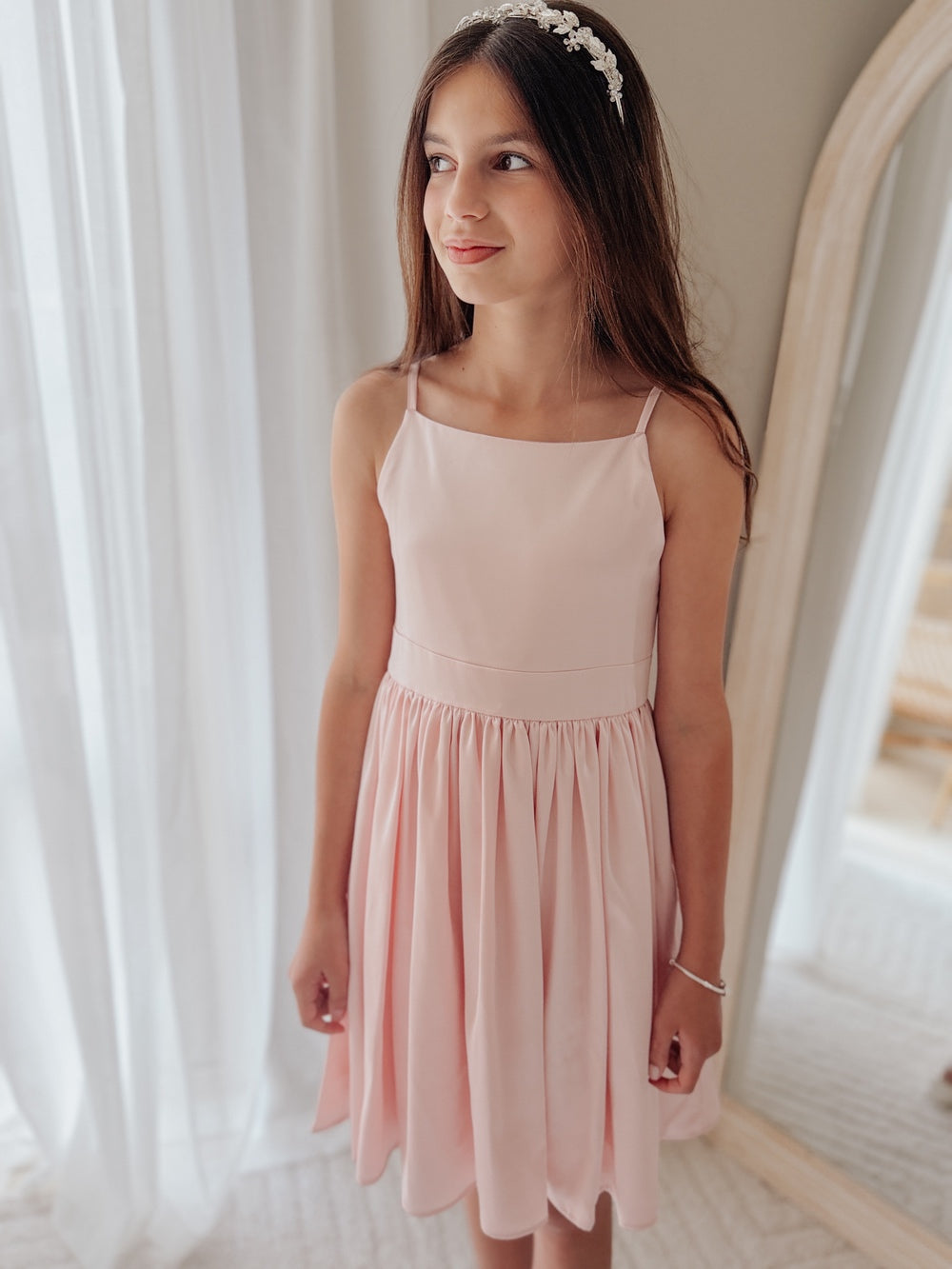 Pink tween party dress with gathered skirt