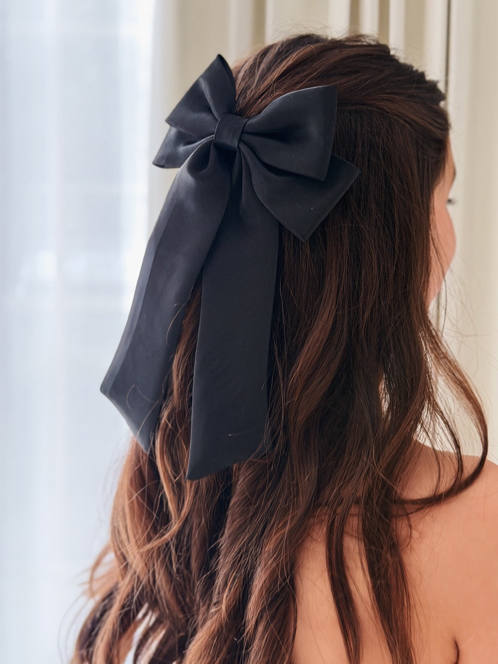 Black satin bow hair clip for party dresses