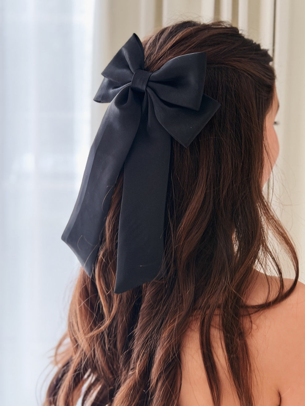 Black satin bow hair clip for party dresses