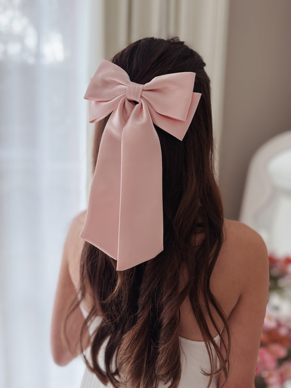 Pink satin bow hair clip for flower girl outfits