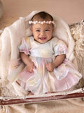 Girls Rainbow Organza Dress with soft pastel layers for special occasions