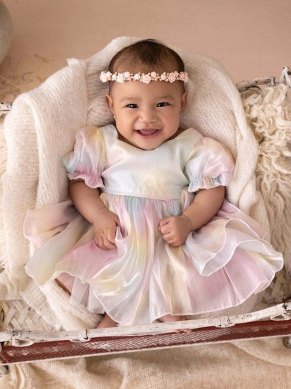 Girls Rainbow Organza Dress with soft pastel layers for special occasions