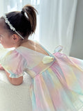 V-back rainbow dress for girls with puff sleeves and lined finish