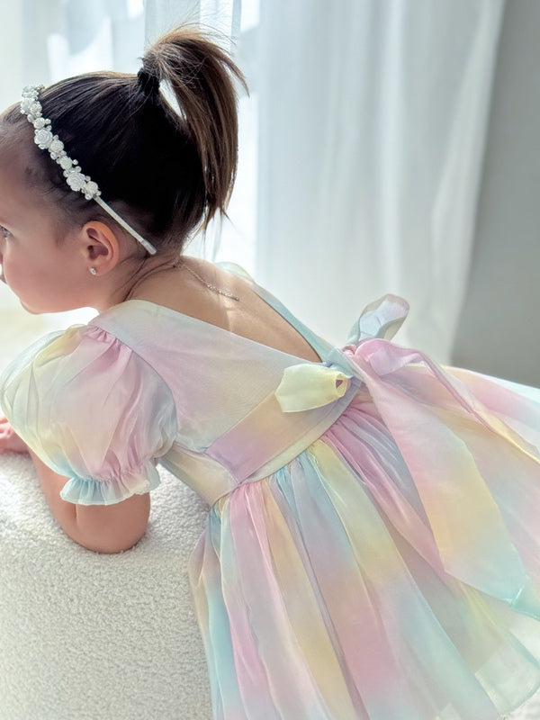 Anastasia Baby Rainbow Romper - Baby DressesV-back rainbow dress for girls with puff sleeves and lined finish