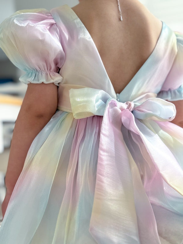 Girls rainbow party dress with puff sleeves and shimmering layers