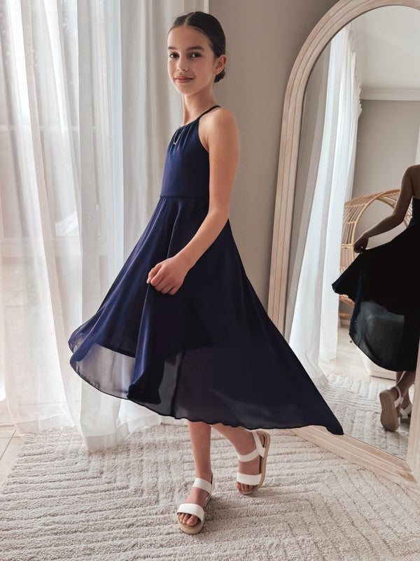 Anna dress in navy styled for semi-formal school celebration