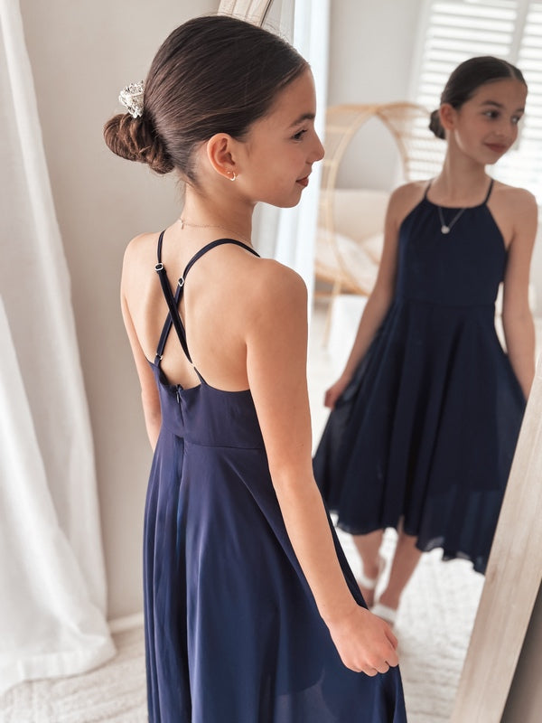 Adjustable strap detail on navy chiffon graduation dress