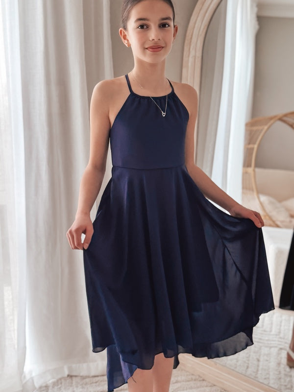 Navy blue chiffon dress with high-low hem and adjustable straps