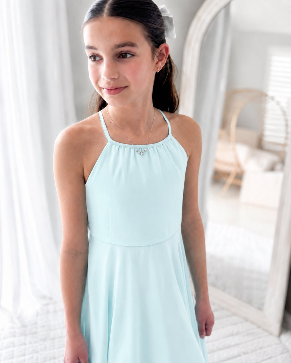Soft turquoise girls year 6 graduation dress