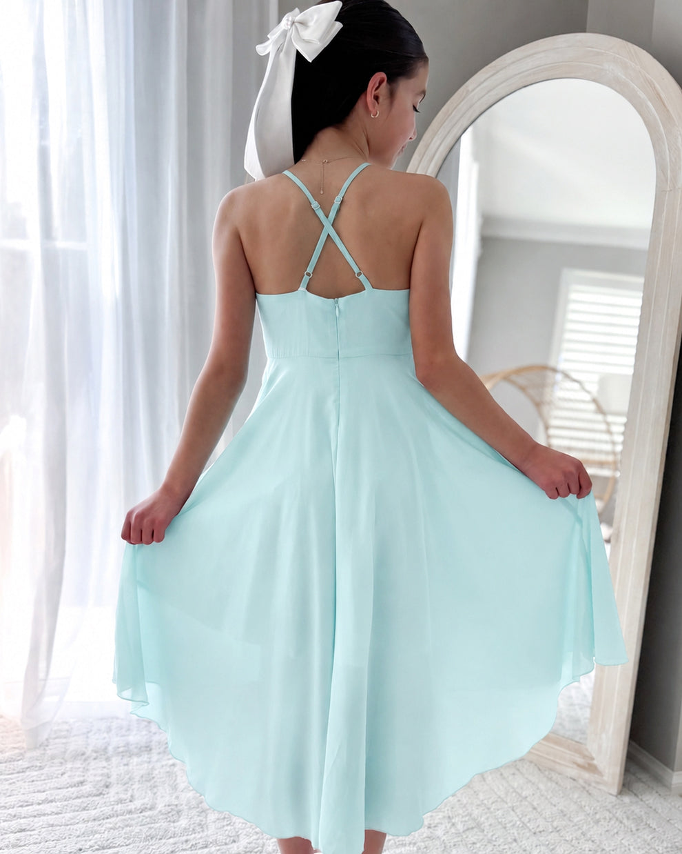 Chiffon girls graduation junior bridesmaid dress with crossover back straps