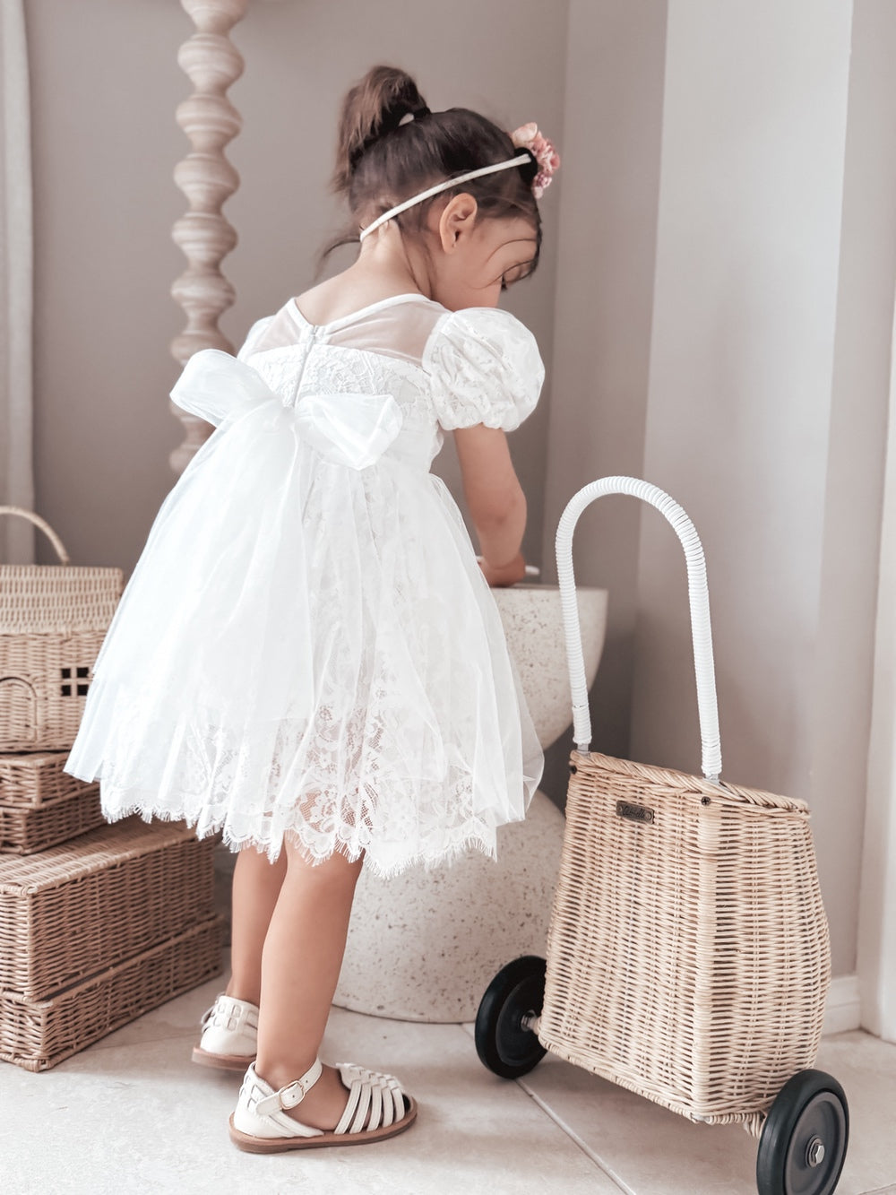Girls white flower girl dress with layered tulle skirt