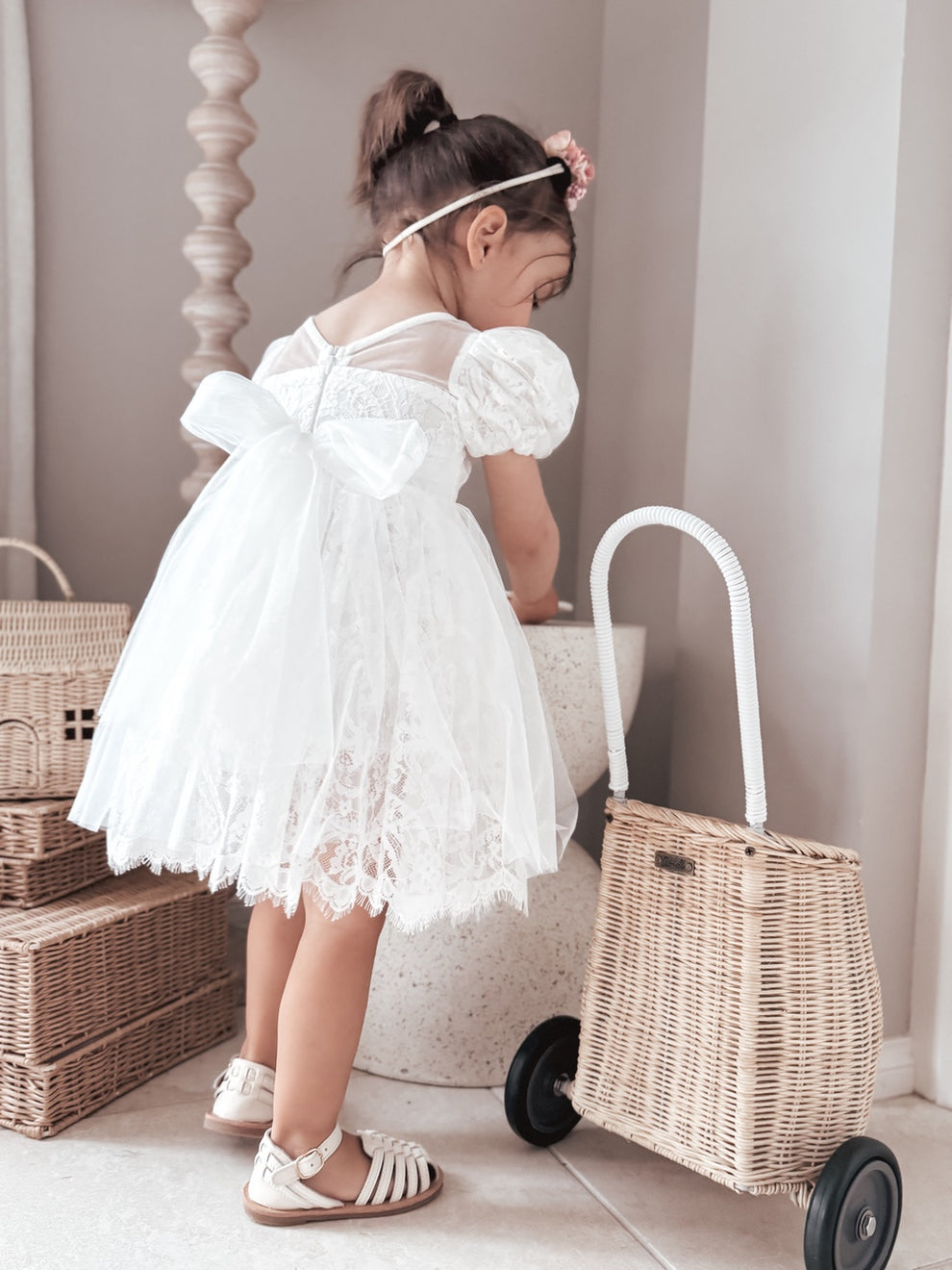 Girls white flower girl dress with layered tulle skirt