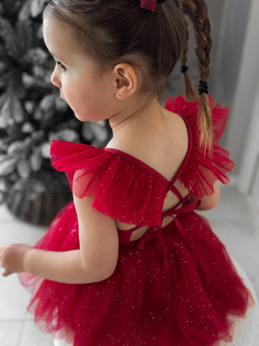 Red sparkle Christmas dress with tie-up back and flutter sleeves